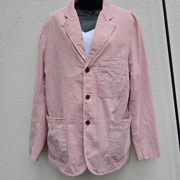 J. Peterman Company Seersucker Cotton Red White Striped Blazer 42R Lightweight